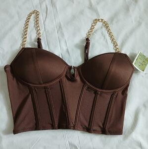 Say What? Brown Crop Top with Gold Chain Straps